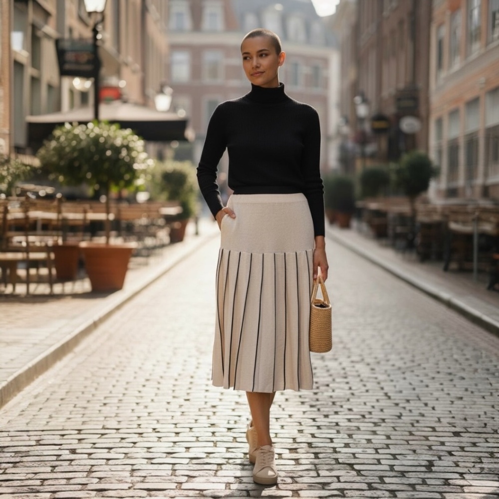 Vintage Wool Blend Steve Fabrikant Women's eggshell Black Pleated knitted‎ Skirt